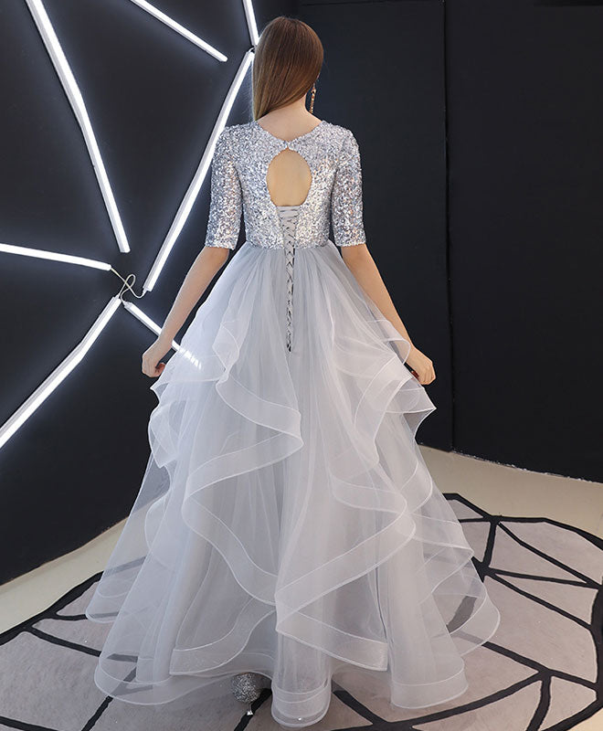Gray Tulle Sequin Long Prom Dress, Gray Tulle Evening Dress
