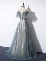 Gray Blue A line Tulle Lace Long Prom Dress, Gray Blue Graduation Dresses