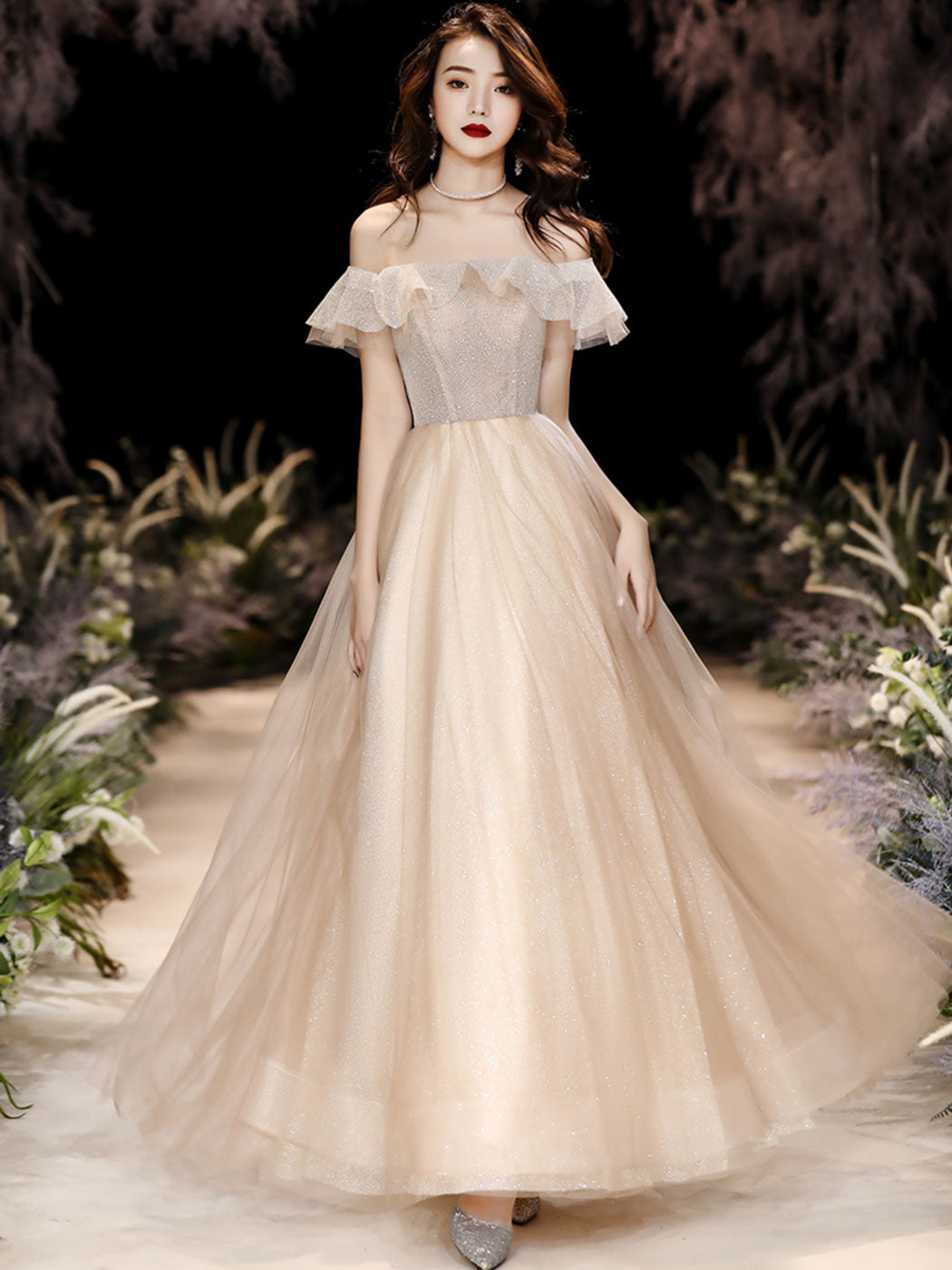 Champagne Tulle Sequin Long Prom Dress, Tulle Formal Dress