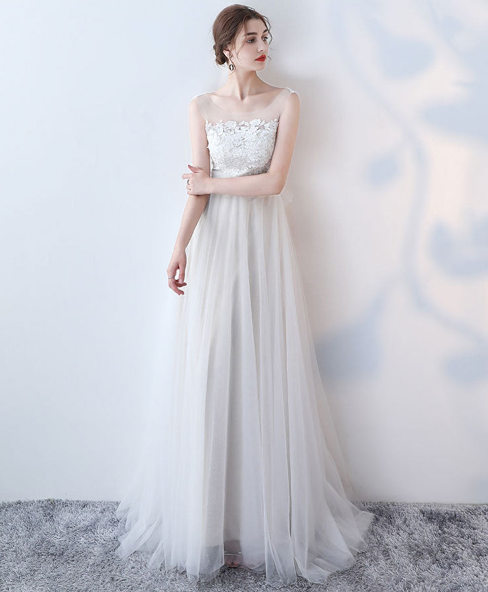 A-Line Round Neck White Tulle Lace Long Prom Dress, White Formal Dress – shopluu A-Line Round Neck White Tulle Lace Long Prom Dress, White Formal Dress – shopluu