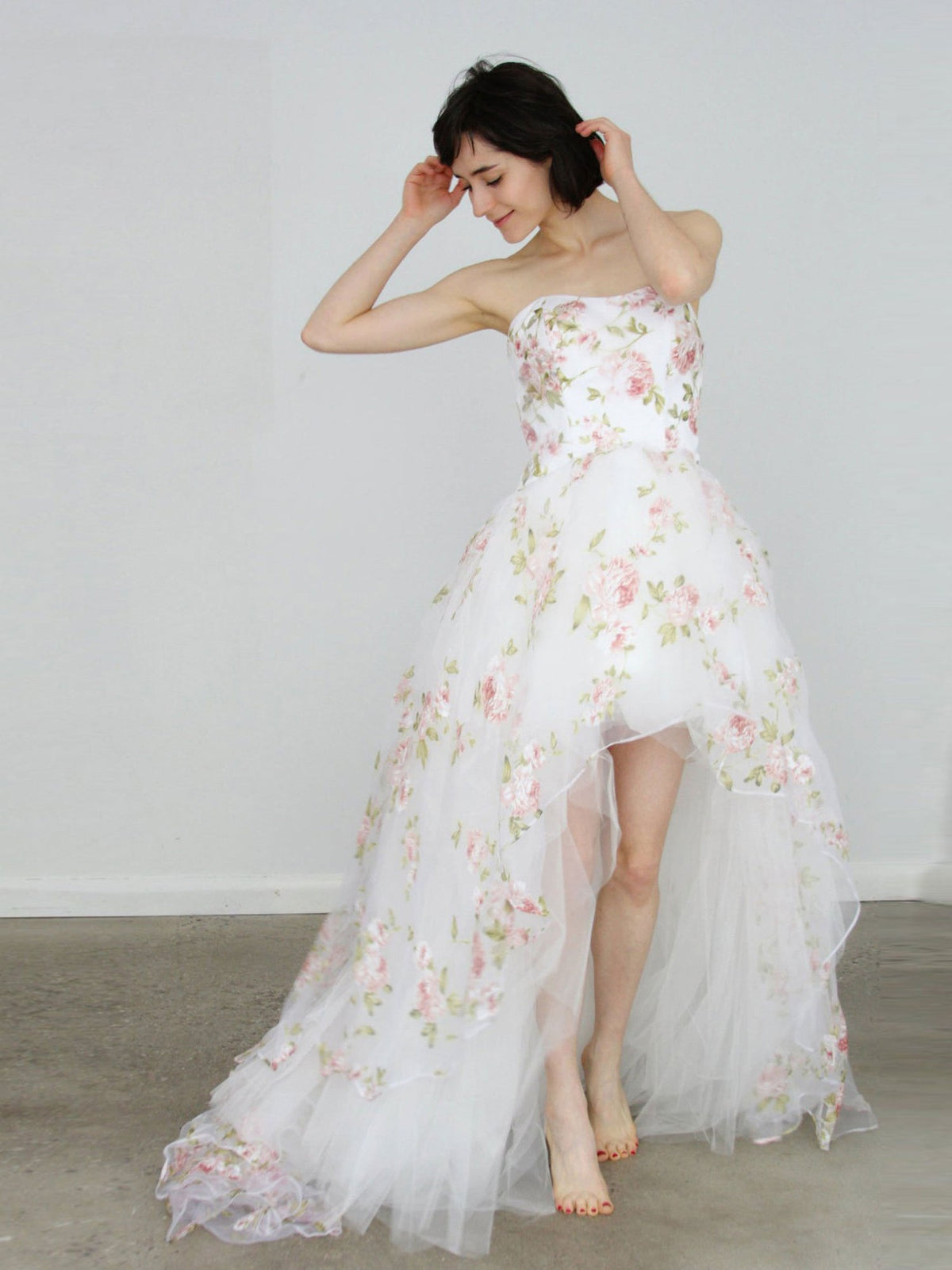 White Tulle High Low Long Prom Dress, White A line Evening Dress