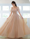 Champagne Tulle Beads Long Prom Dress, Champagne Evening Dress