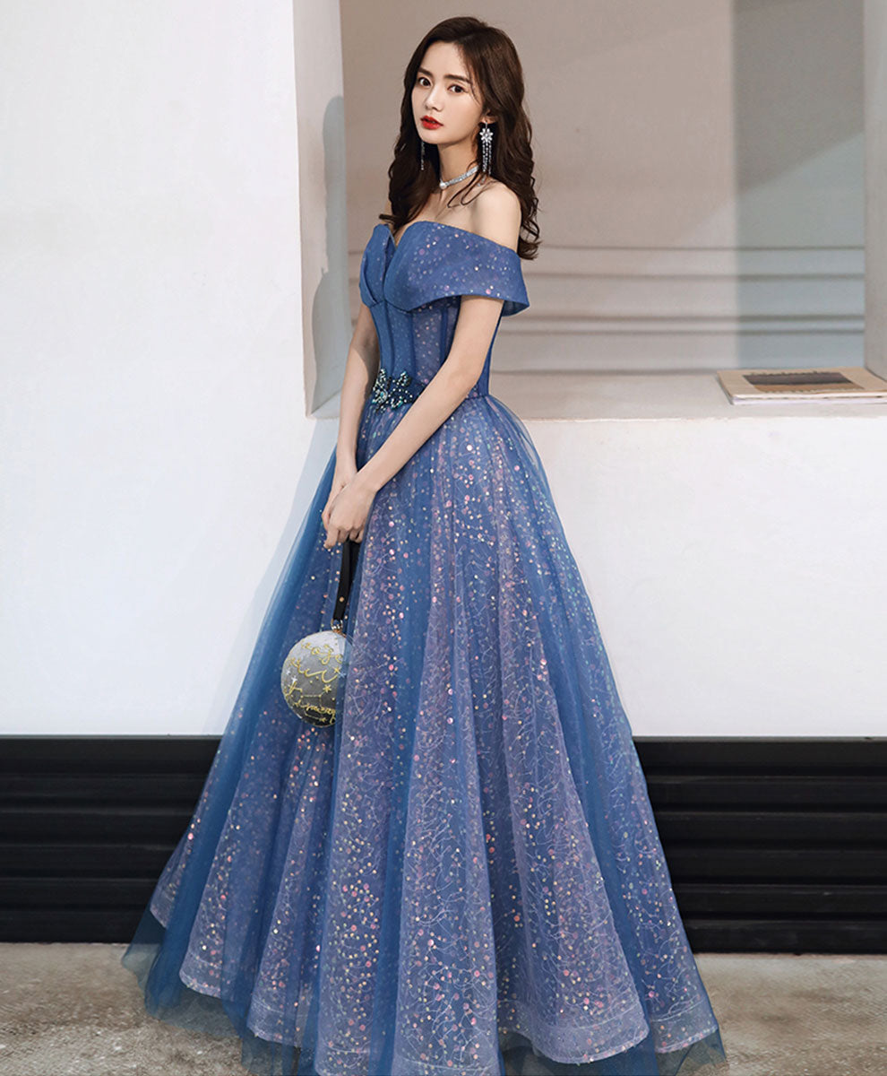 Blue Tulle Off Shoulder Long Prom Dress, Shiny Blue Formal Evening Dre – shopluu