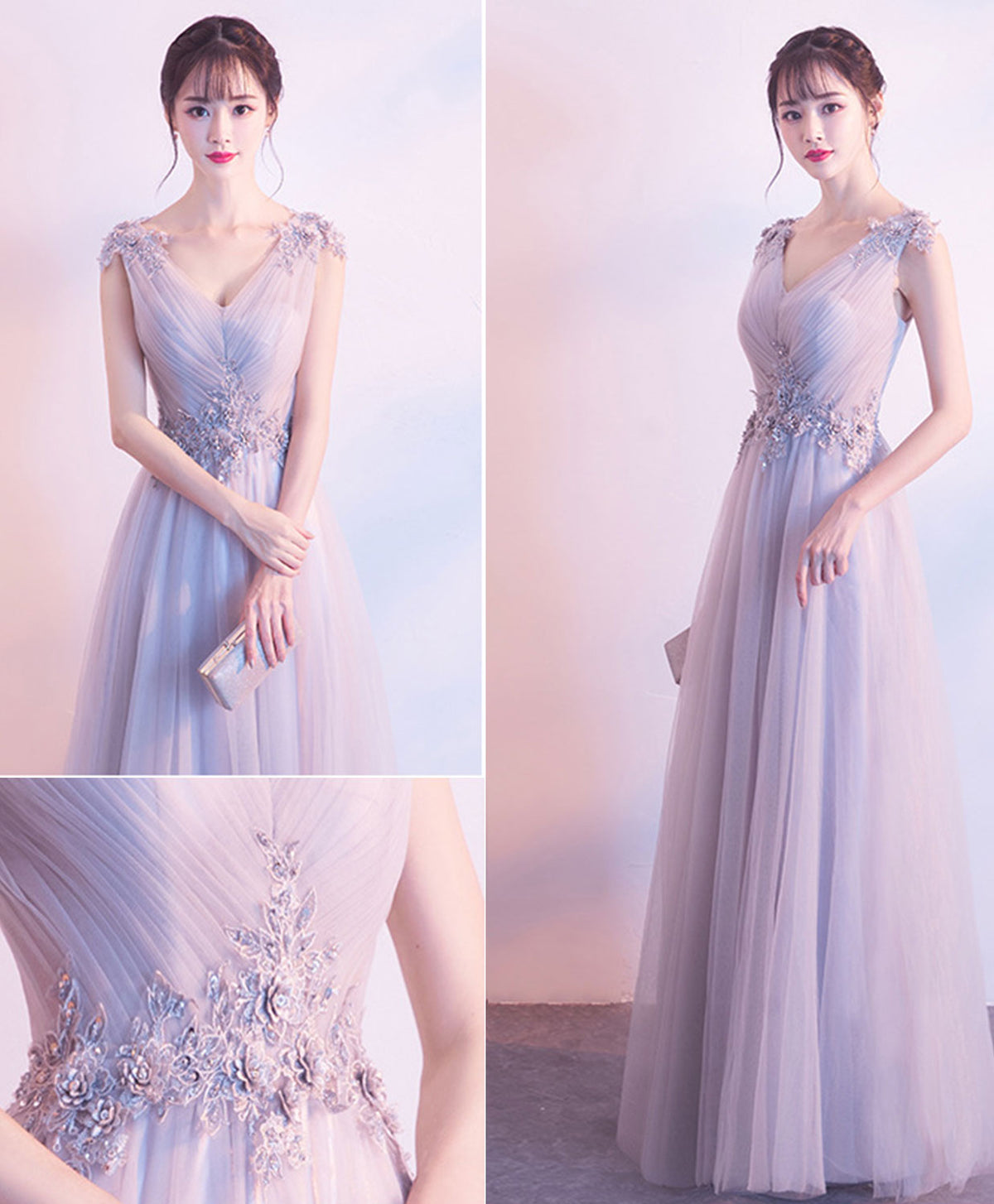 Gray V Neck Tulle Lace Long Prom Dress, Gray Tulle Evening Dress