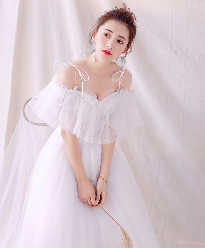 White Tulle Long Prom Dress, White Tulle Lace Evening Dress