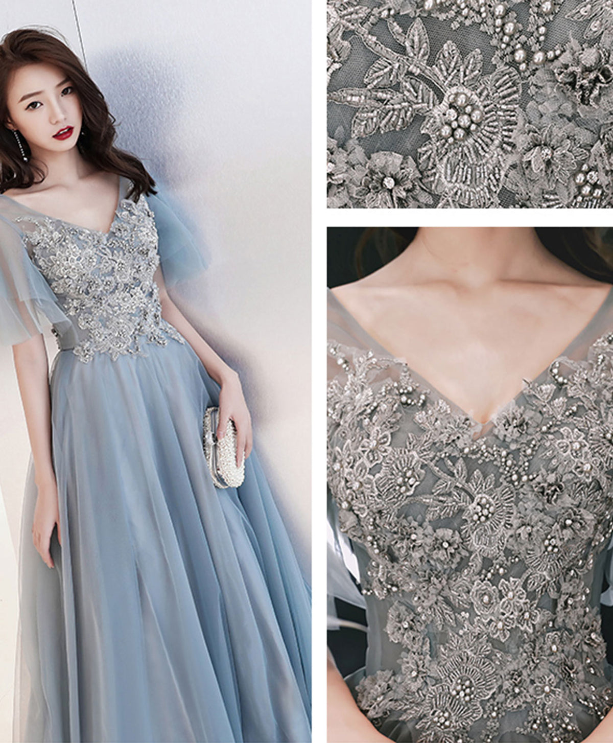 Gray V Neck Cap Sleeve Tulle Lace Long Prom Dress, Evening Dress