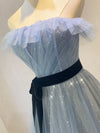 Blue Tulle Sequin Long Prom Dress, Blue Tulle Formal Dress