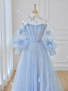 Blue Sweetheart Tulle 3D Flower Long Prom Dress, Blue Evening Dress