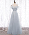 Gray A line Tulle Long Prom Dress, Gray Formal Bridesmaid Dress