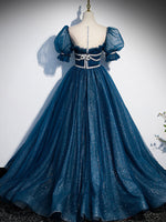Blue Tulle Off Shoulder Long Prom Dress, Blue Tulle Formal Dress