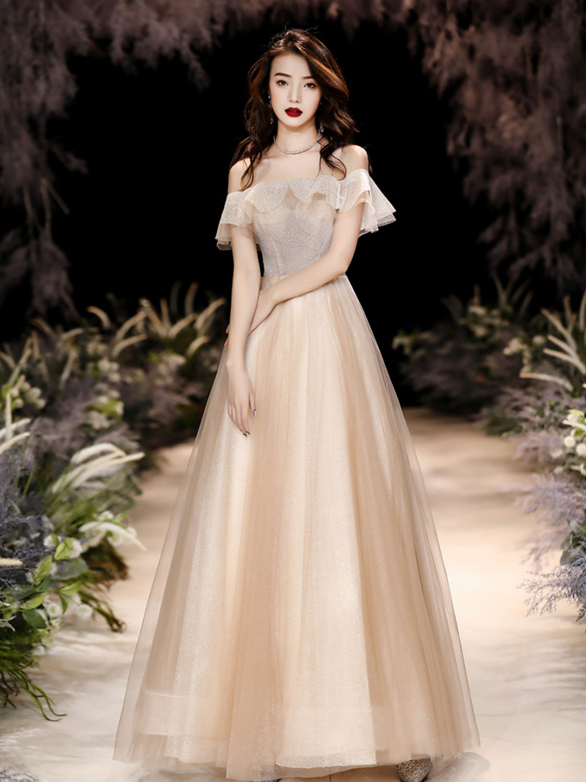 Champagne Tulle Sequin Long Prom Dress, Tulle Formal Dress
