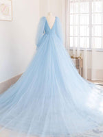 Blue V Neck Tulle Long Prom Dress Blue Tulle Evening Dress