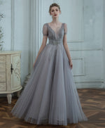 Gray V Neck Tulle Sequin Long Prom Dress, Gray Formal Graduation Dress with Beading