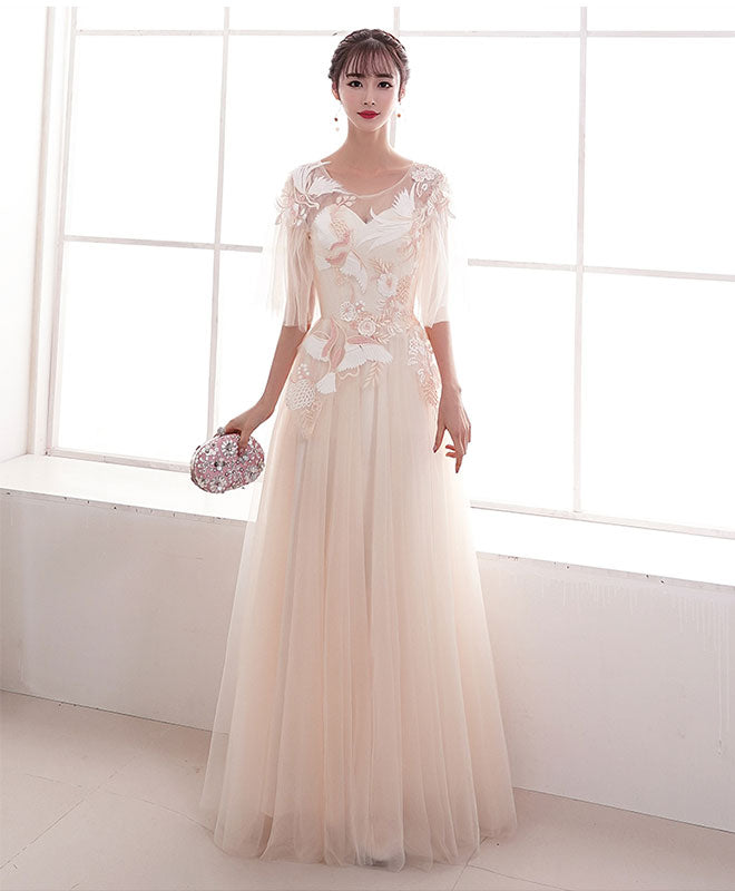 Champagne A-Line Lace Applique Long Prom Dress Lace Evening Dress