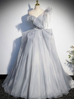 Gray Sweetheart Tulle Long Prom Dress, Gray Evening Dress