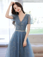 Blue V Neck Tulle Tea Length Prom Dress, Blue Tulle Formal Evening Dress