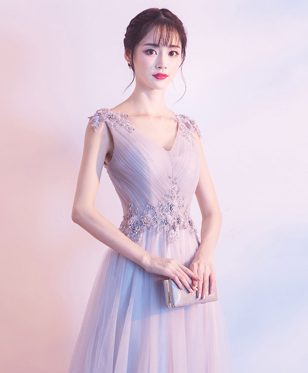 Gray V Neck Tulle Lace Long Prom Dress, Gray Tulle Evening Dress