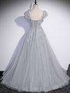 Gray Sweetheart Neck Tulle Lace Long Prom Dress, Gray Evening Dress