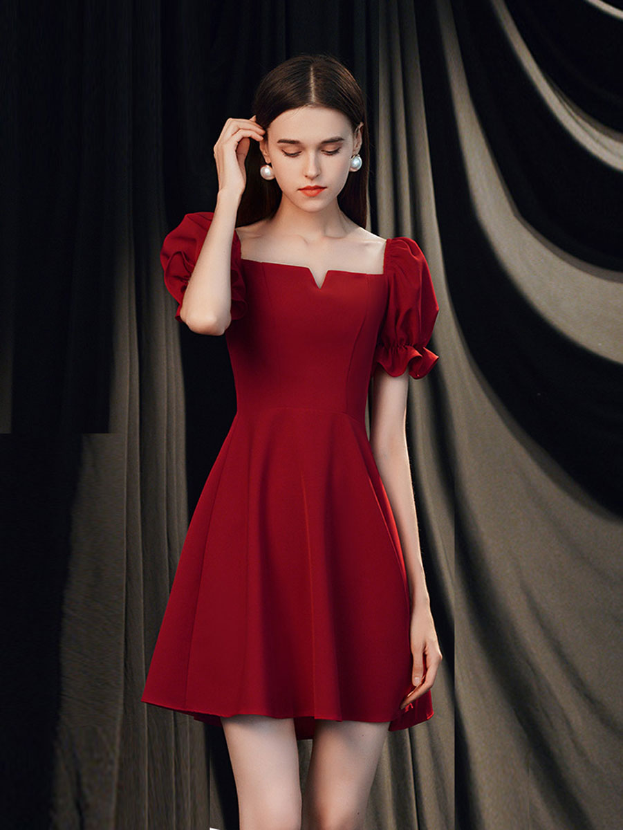 Simple Burgundy Satin Short Prom Dress, Burgundy Cocktail Dress