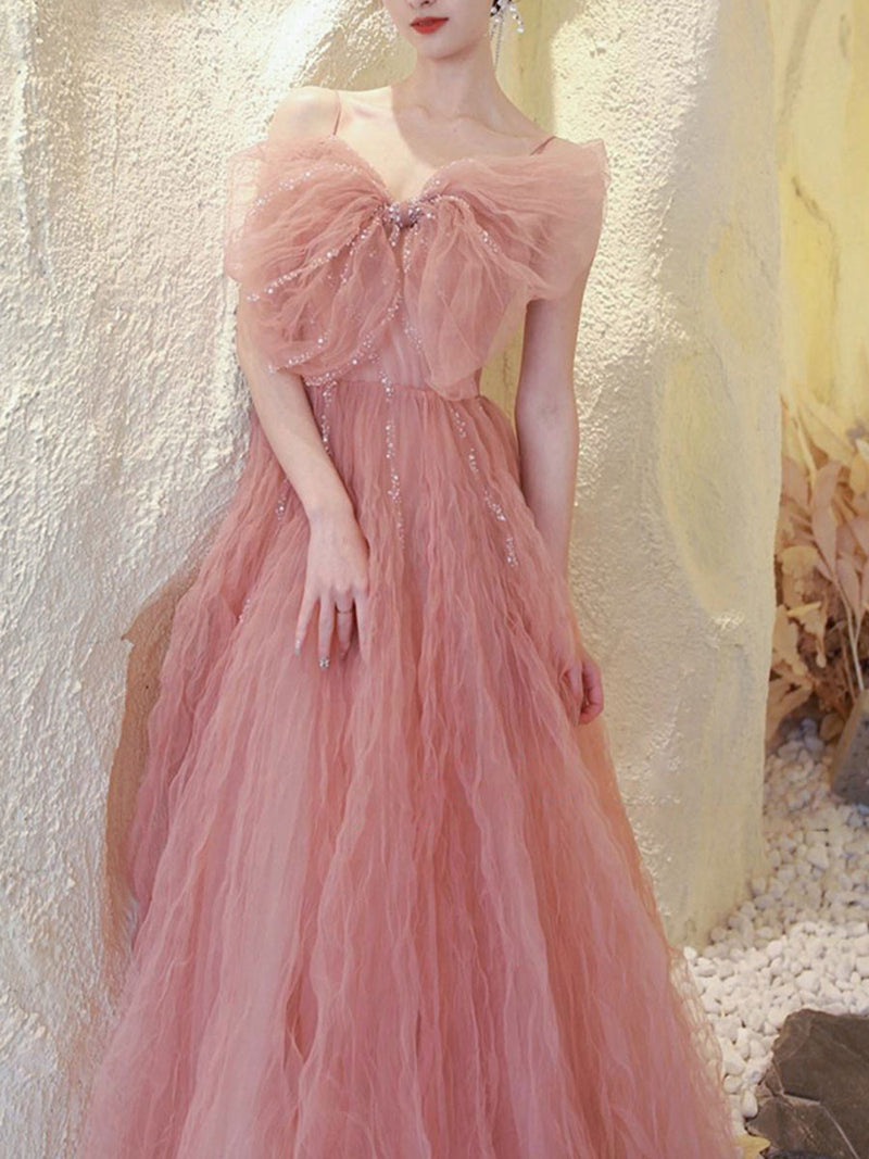 A line Pink Long Prom Dresses, Tulle Long Formal Graduation Dresses With Sequin Beading