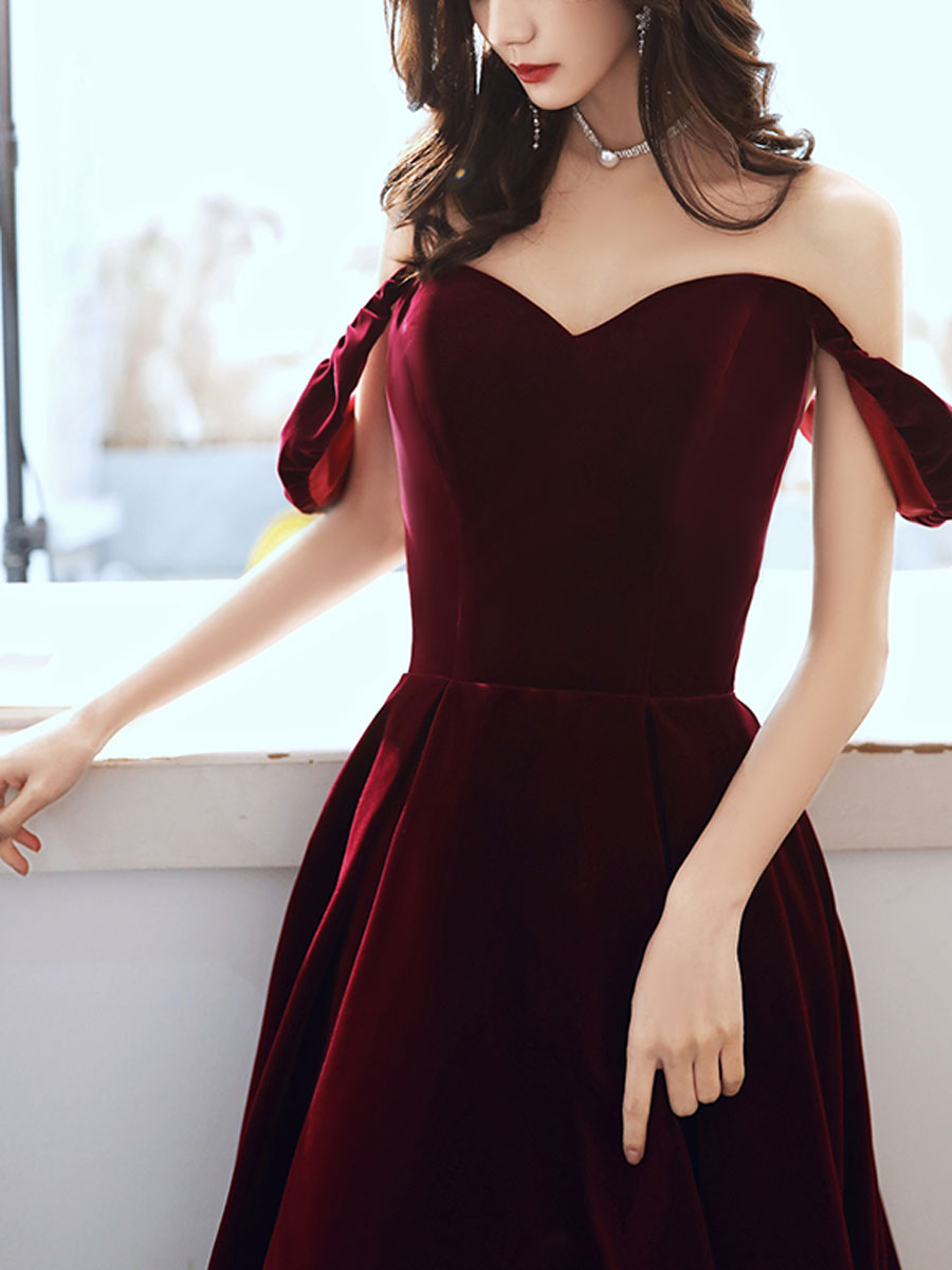 Simple Velvet Tea Length Prom Dresses, Burgundy Velvet Evening Dresses – shopluu