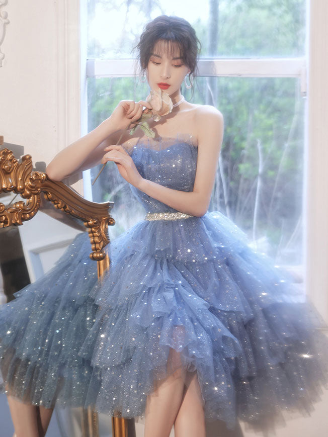 Blue Tulle Sequin Short Prom Dress, Blue Puffy Cute Homecoming Dresses – shopluu