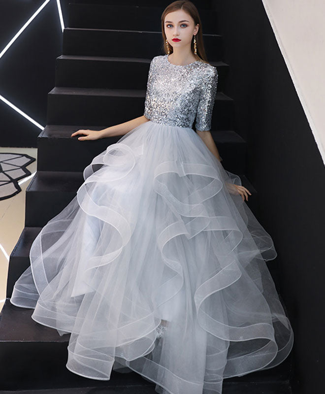 Gray Tulle Sequin Long Prom Dress, Gray Tulle Evening Dress