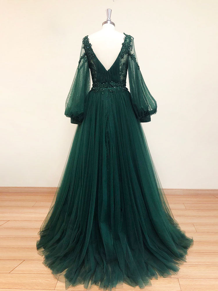 A-Line V Neck Tulle Lace Green Long Prom Dress, Green Formal Evening Dresses