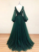 A-Line V Neck Tulle Lace Green Long Prom Dress