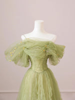 Green Tulle Off Shoulder Long Prom Dresses, Green Tulle Formal Evening Dress