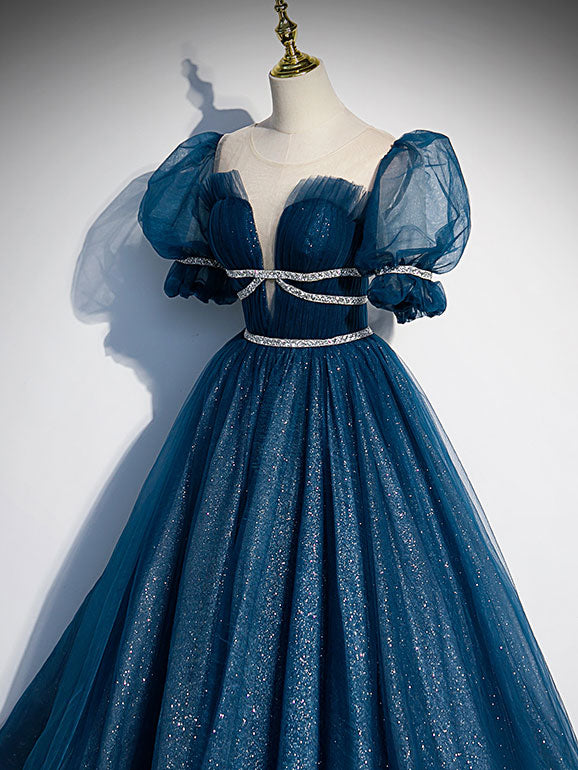 Blue Tulle Off Shoulder Long Prom Dress, Blue Tulle Formal Dress