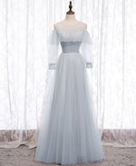 Gray A line Tulle Long Prom Dress, Gray Formal Bridesmaid Dress