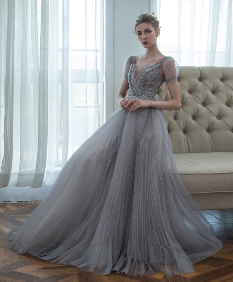 Gray V Neck Tulle Sequin Long Prom Dress, Gray Formal Graduation Dress shopluu Gray V Neck Tulle Sequin Long Prom Dress, Gray Formal Graduation Dress shopluu