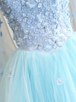 Blue Sweetheart Neck Tulle Lace Long Prom Dress, Blue Evening Dress