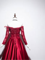 Burgundy Sweetheart Lace Satin Long Prom Dress Burgundy Evening Dress