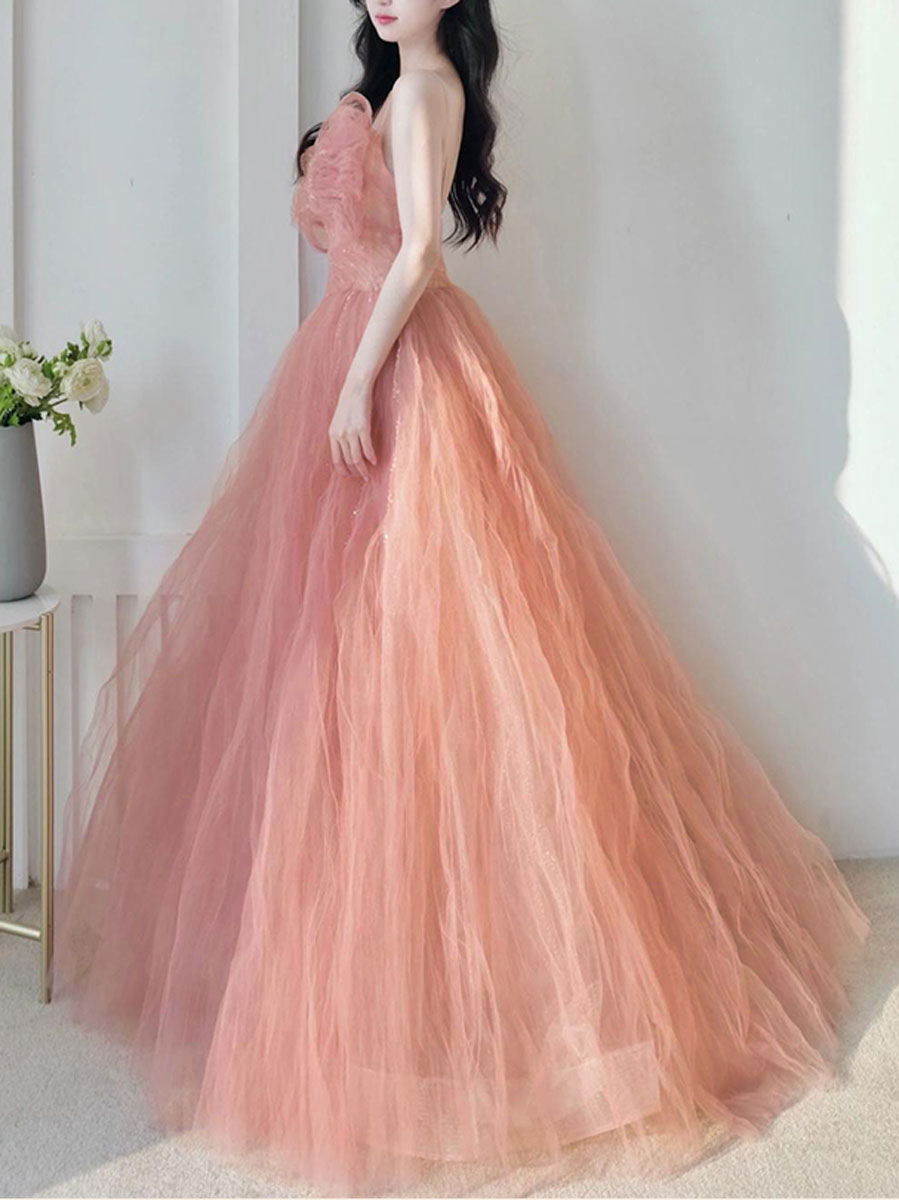 Onion Pink Floral Embellished Tiered Gown – CoutureYard