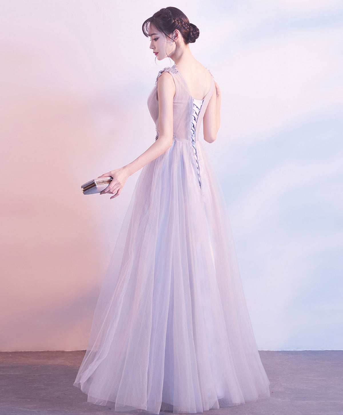 Gray V Neck Tulle Lace Long Prom Dress, Gray Tulle Evening Dress