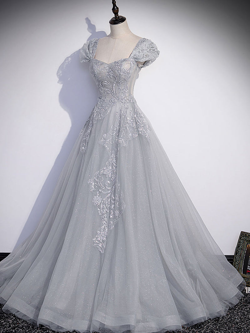 Gray Sweetheart Neck Tulle Lace Long Prom Dress, Gray Evening Dress ...
