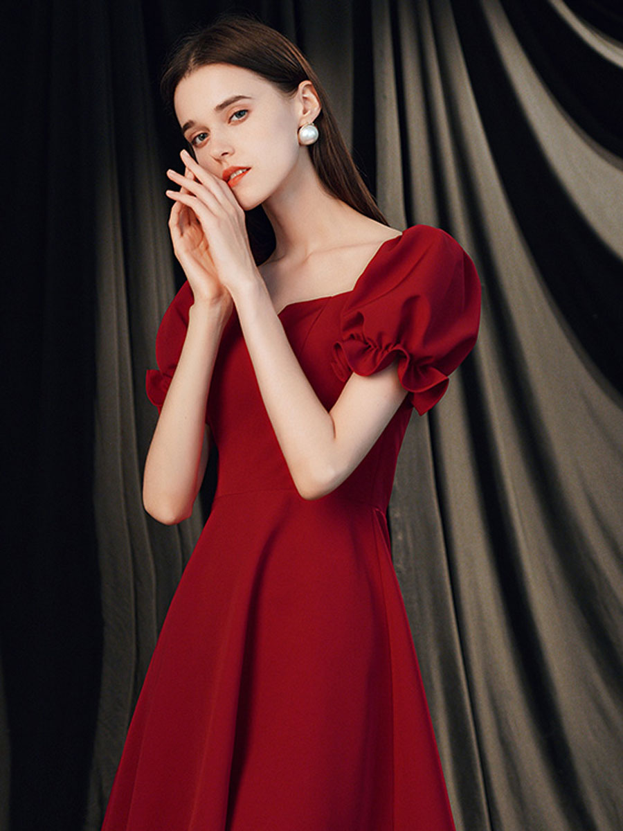 Simple Burgundy Satin Short Prom Dress, Burgundy Cocktail Dress – shopluu