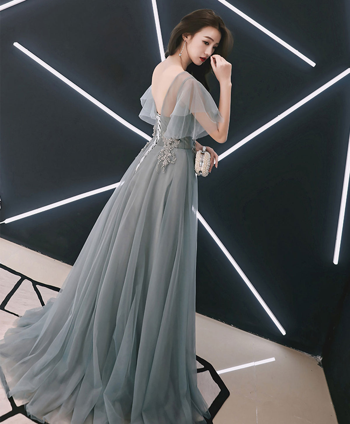 Gray V Neck Cap Sleeve Tulle Lace Long Prom Dress, Evening Dress