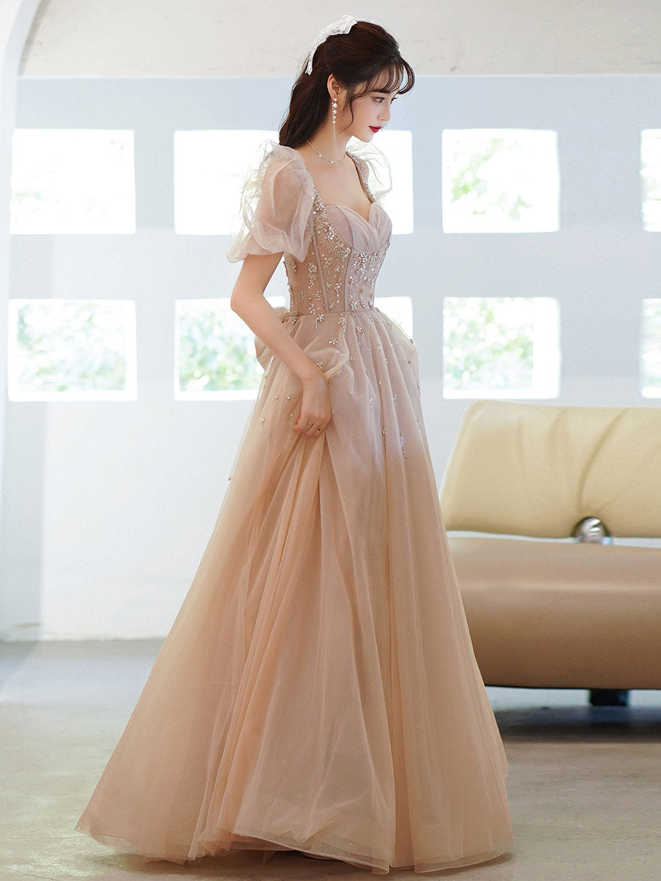Champagne Tulle Beads Long Prom Dress, Champagne Evening Dress – shopluu