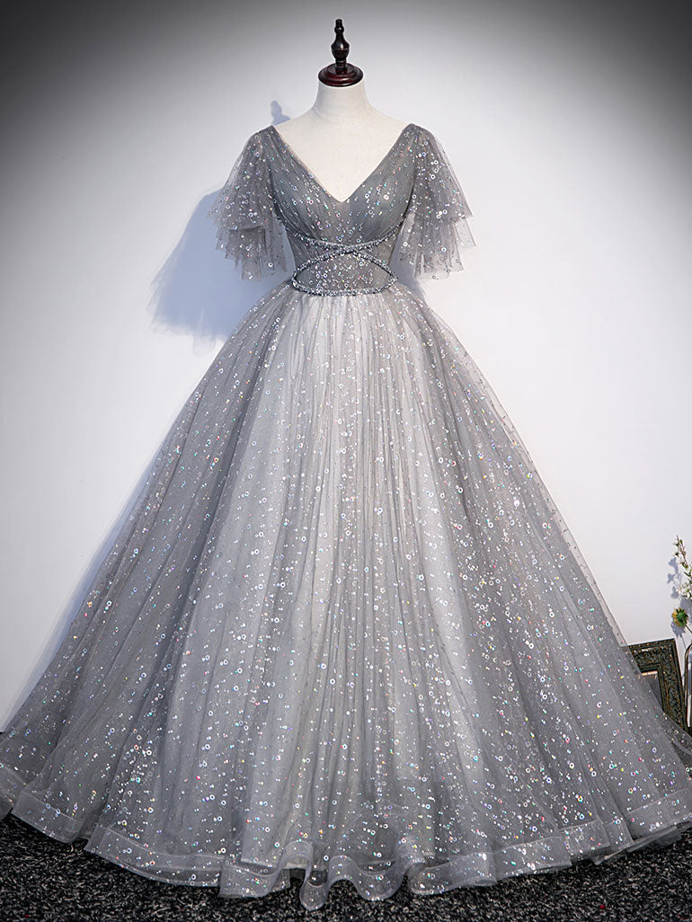 Gray V Neck Tulle Long Prom Dress, Gray Tulle Sequin Evening Dress