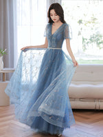 Blue V Neck Tulle Tea Length Prom Dress, Blue Tulle Formal Evening Dress