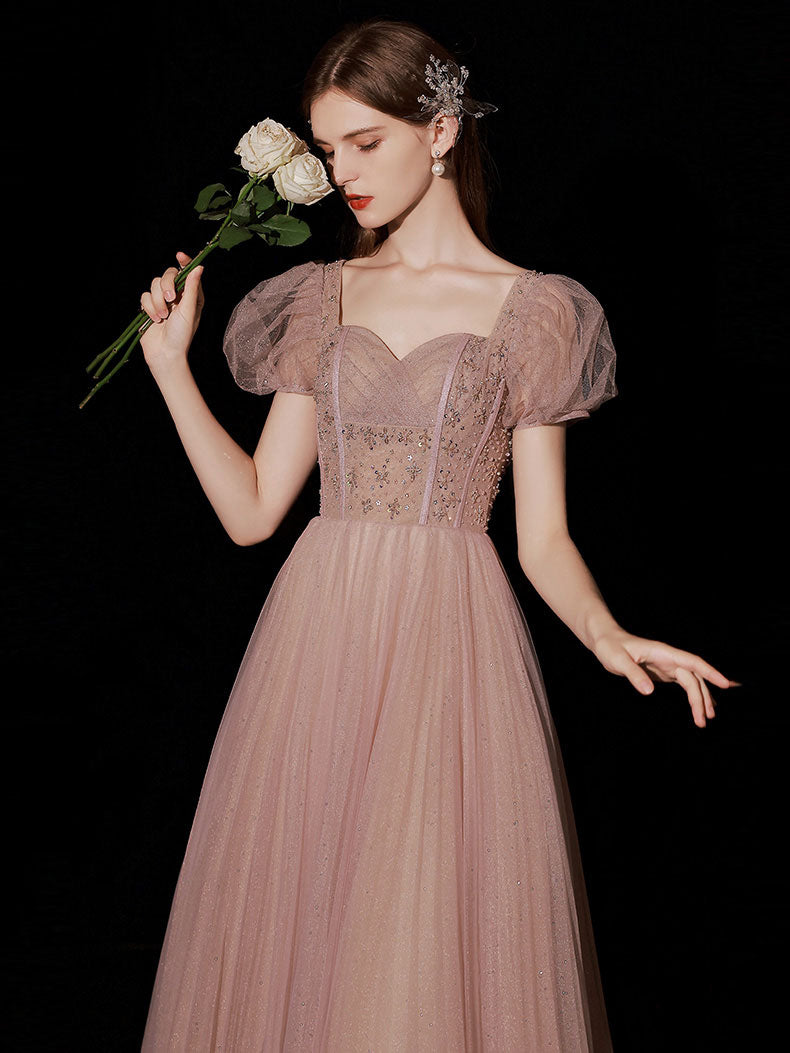 Pink A line Tulle Lace Long Prom Dress, Pink Tulle Formal Dresses