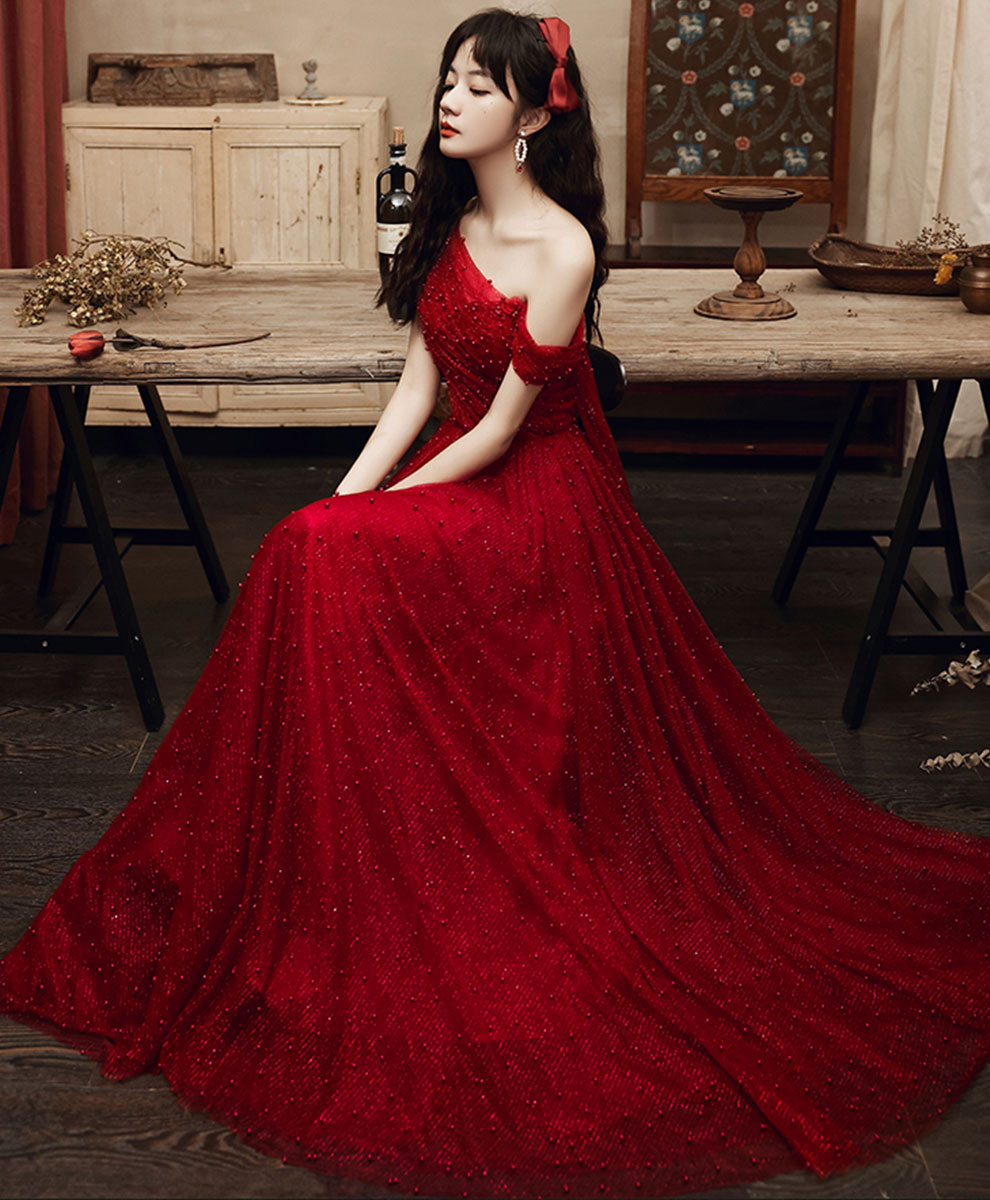 Burgundy One Shoulder Long Prom Dress, Burgundy Formal Graduation Dress