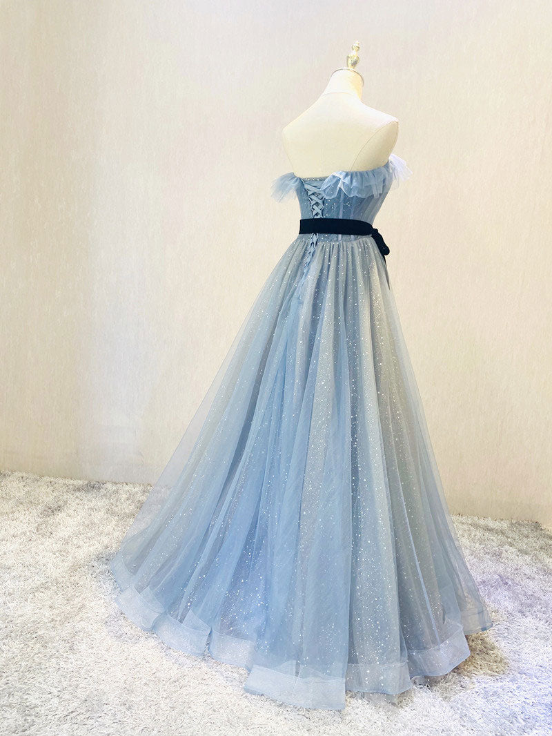Blue Tulle Sequin Long Prom Dress, Blue Tulle Formal Dress
