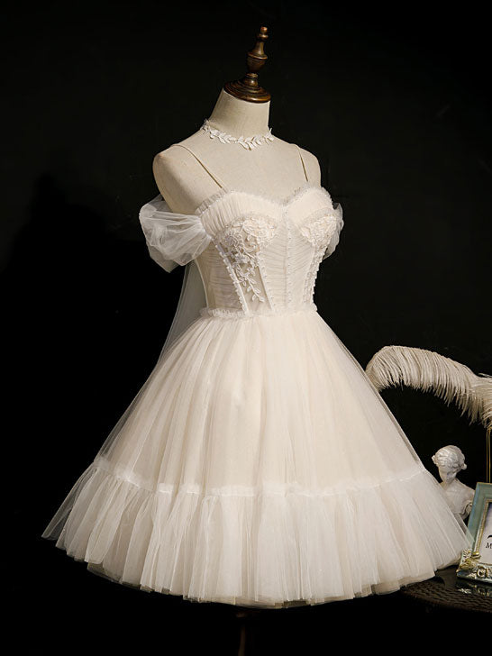 Light Champagne Tulle Short Prom Dress, Puffy Tulle Lace Homecoming Dress
