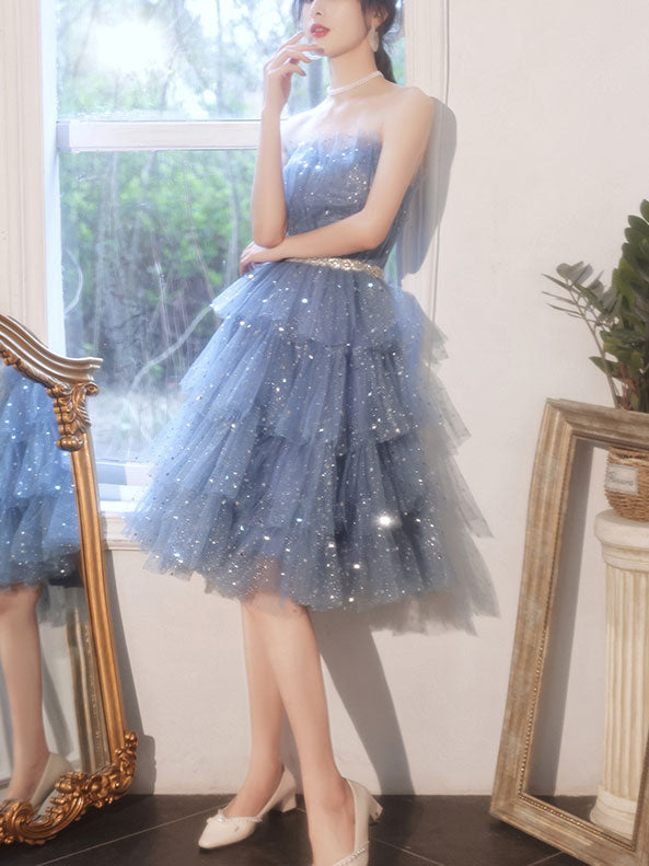 Blue Tulle Sequin Short Prom Dress, Blue Puffy Cute Homecoming Dresses