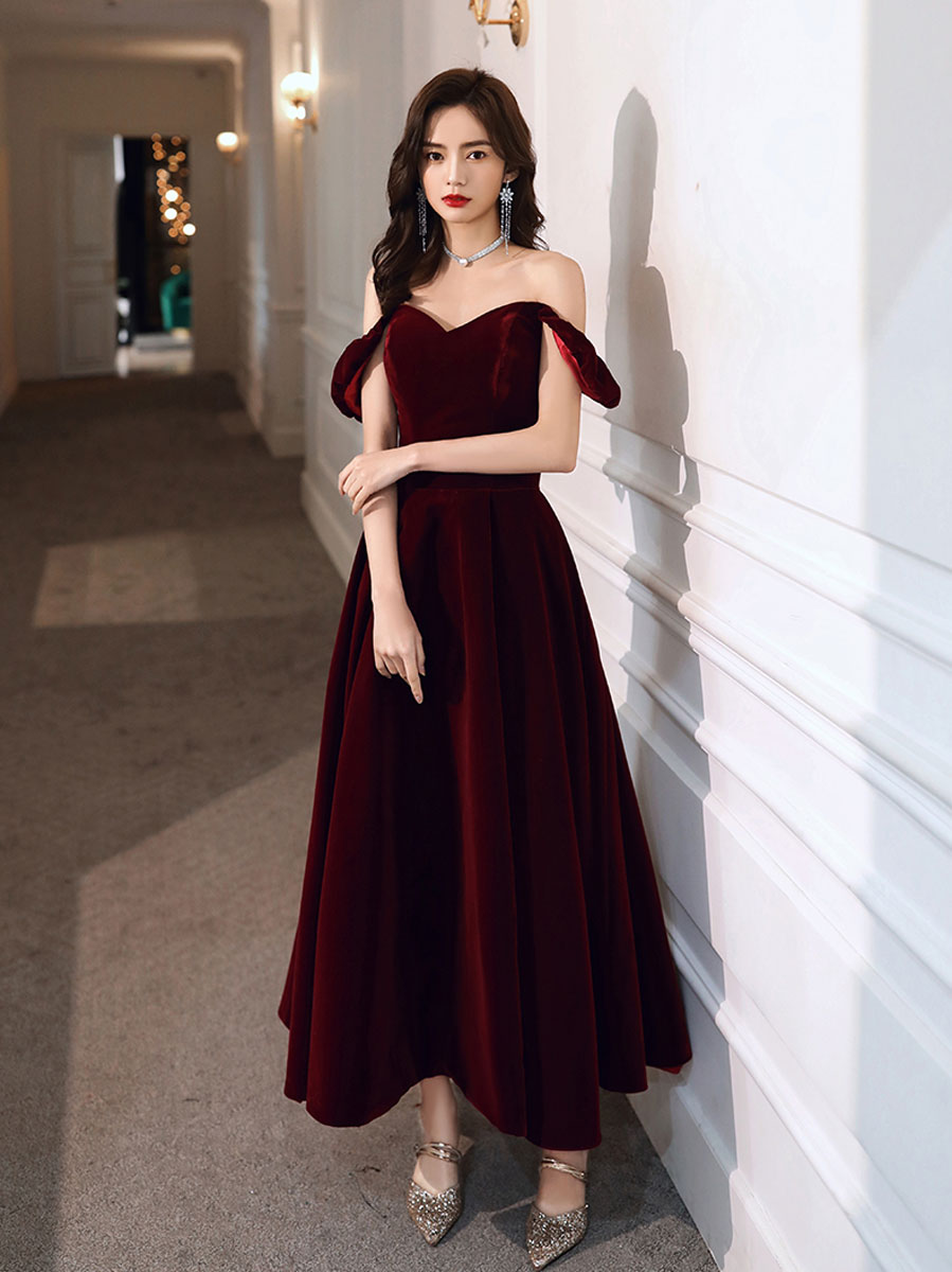 Simple Velvet Tea Length Prom Dresses, Burgundy Velvet Evening Dresses