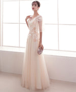 Champagne A-Line Lace Applique Long Prom Dress Lace Evening Dress